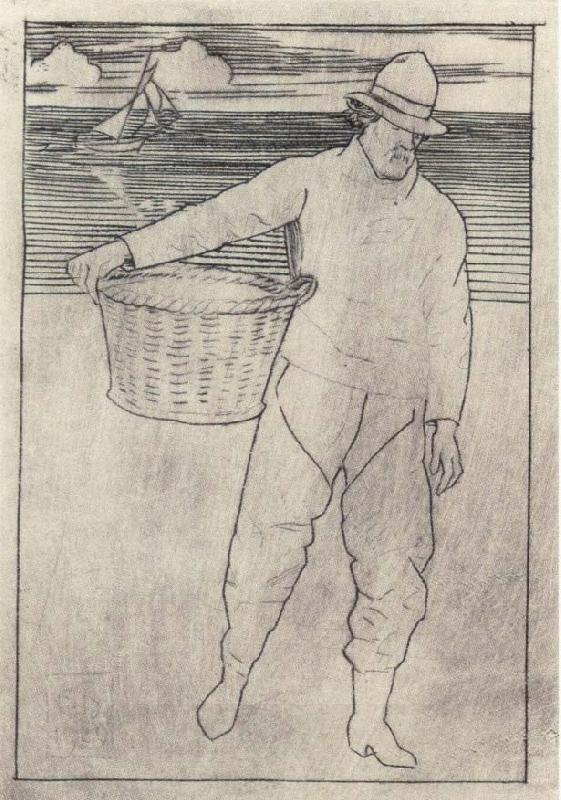 Joseph E.Southall Fisherman and basket Southwold oil painting picture